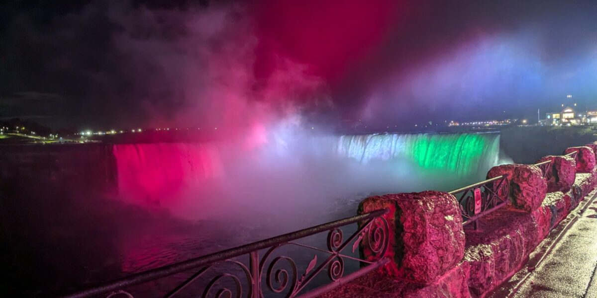 Niagara Falls illuminated in the colors of the Hungarian tricolor—red, white, and green—to commemorate the 69th anniversary of the 1956 Hungarian Revolution.