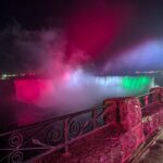 Niagara Falls illuminated in the colors of the Hungarian tricolor—red, white, and green—to commemorate the 69th anniversary of the 1956 Hungarian Revolution.