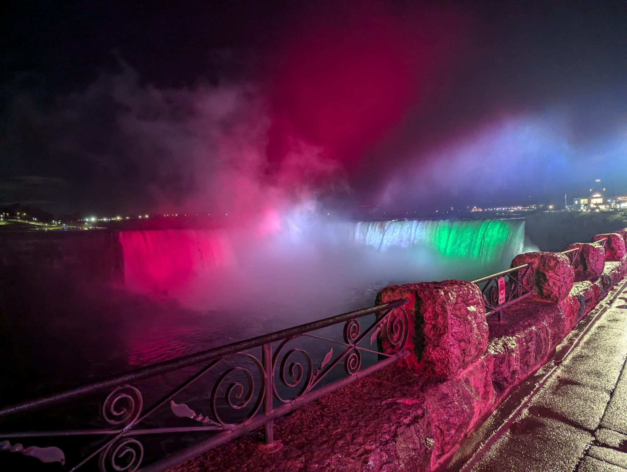 Niagara Falls illuminated in the colors of the Hungarian tricolor—red, white, and green—to commemorate the 69th anniversary of the 1956 Hungarian Revolution.