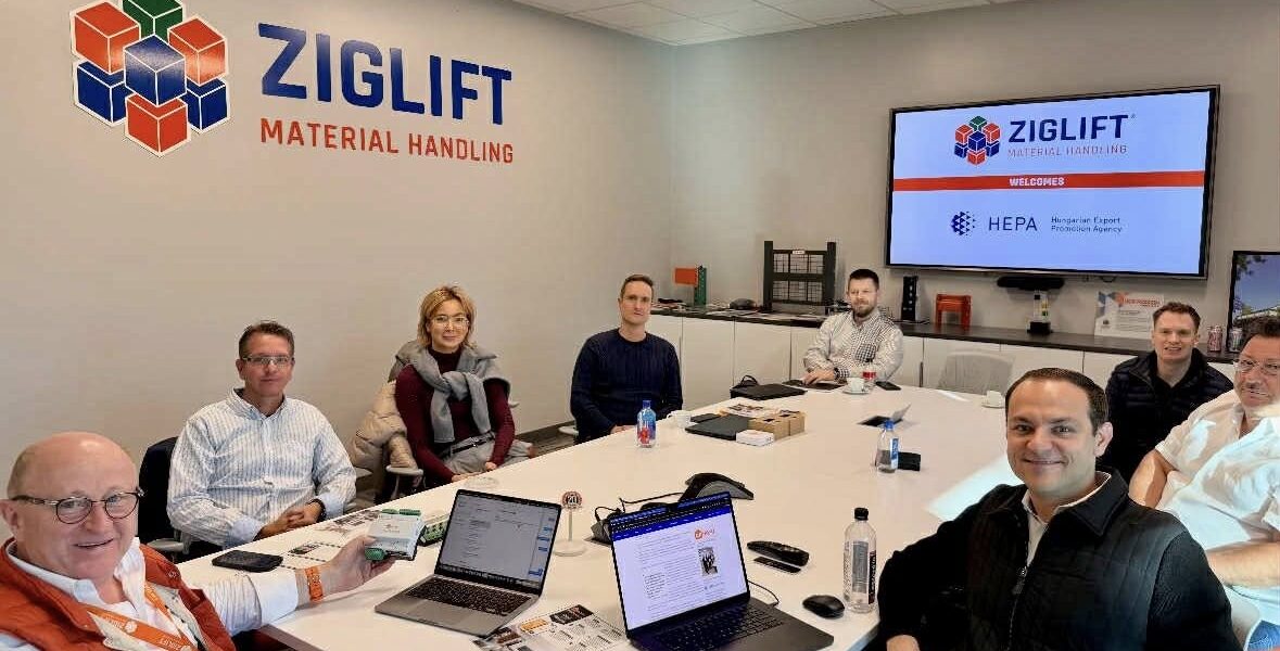 HEPA delegation and Hungarian company representatives sitting at the meeting table with Ziglift in Los Angeles