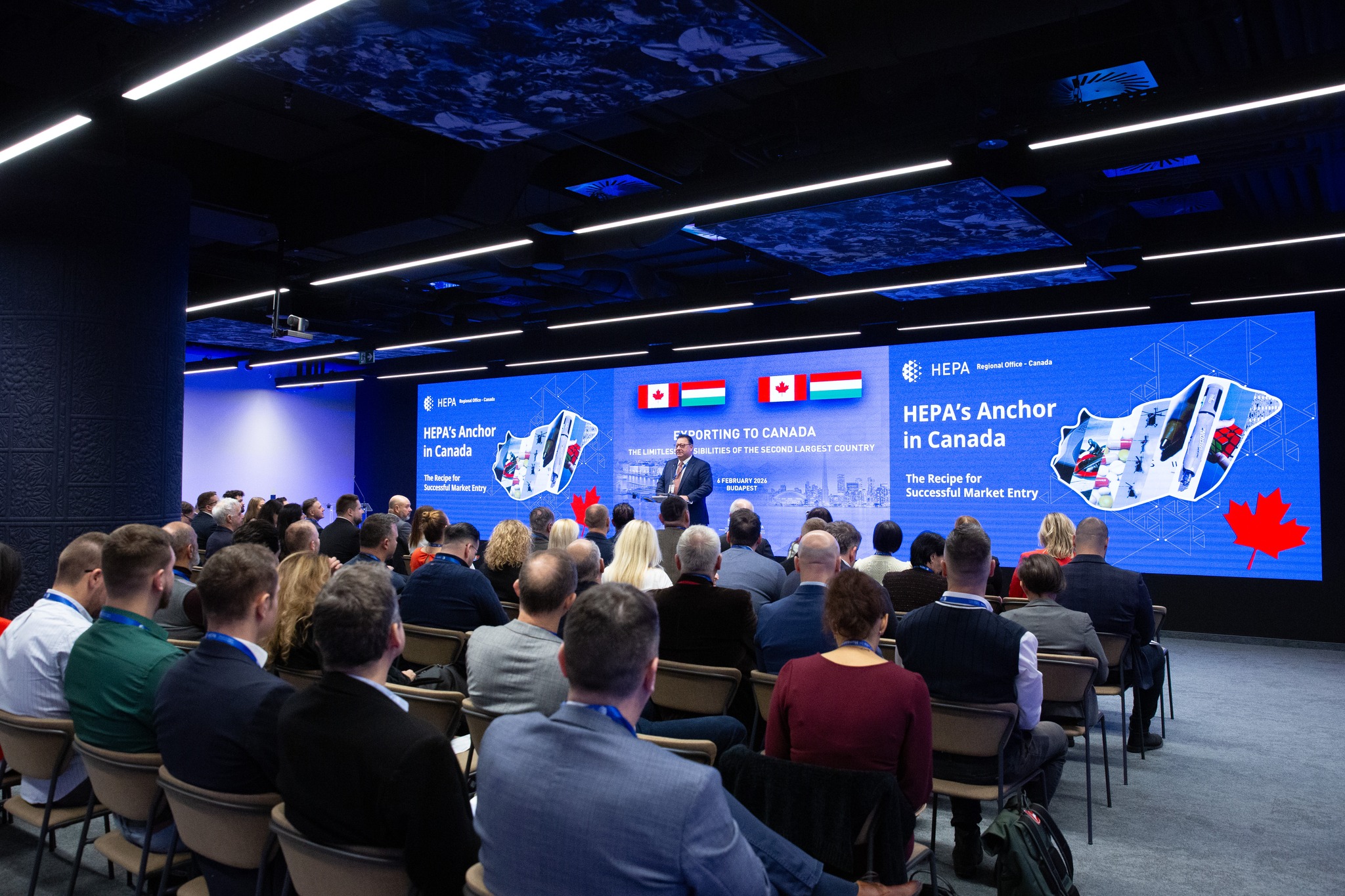 Sándor Balla, Executive Director of the HEPA Regional Office Canada, speaking at the Exporting to Canada event in front of Hungarian company representatives.